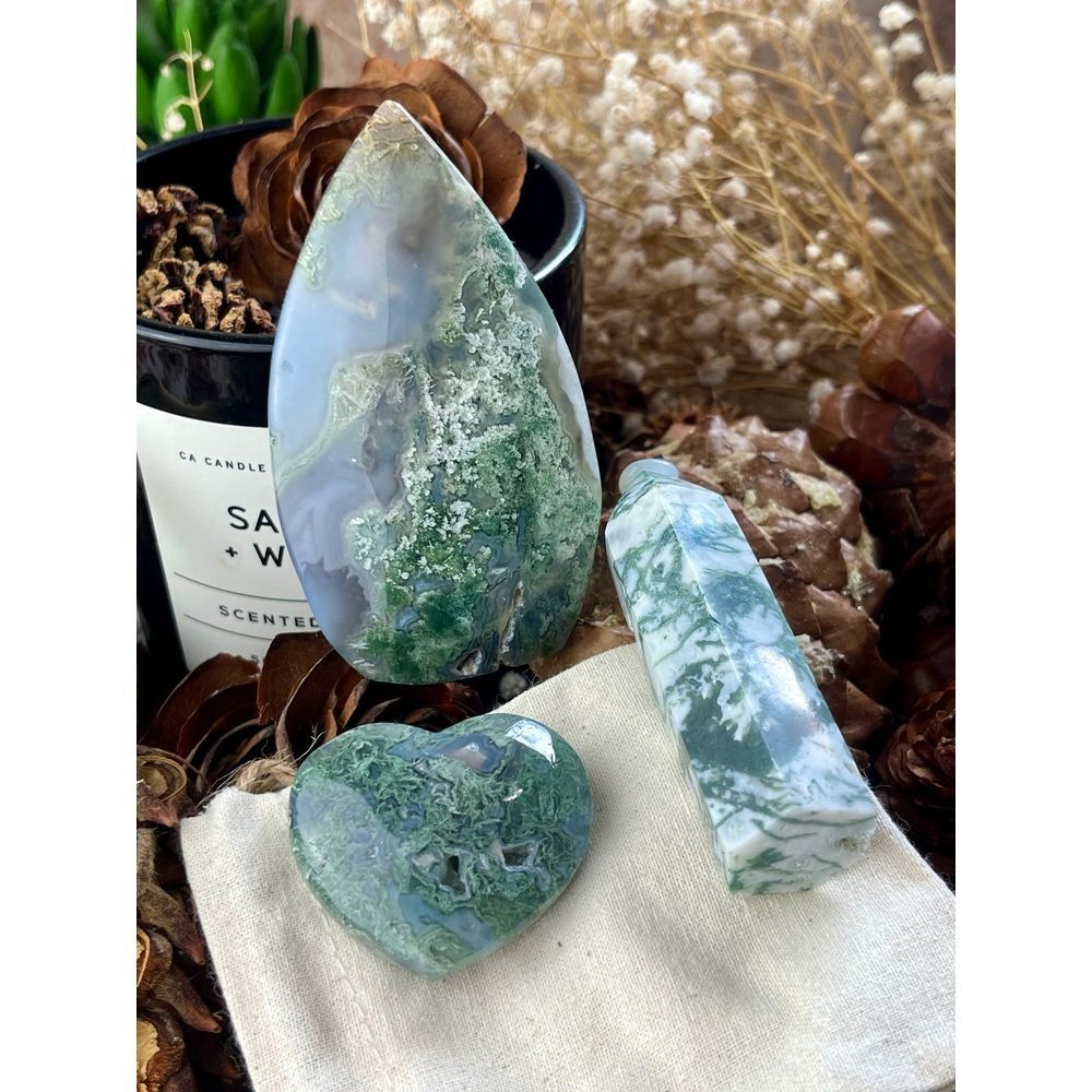 Moss agate‎ bundle flame, heart and small tower